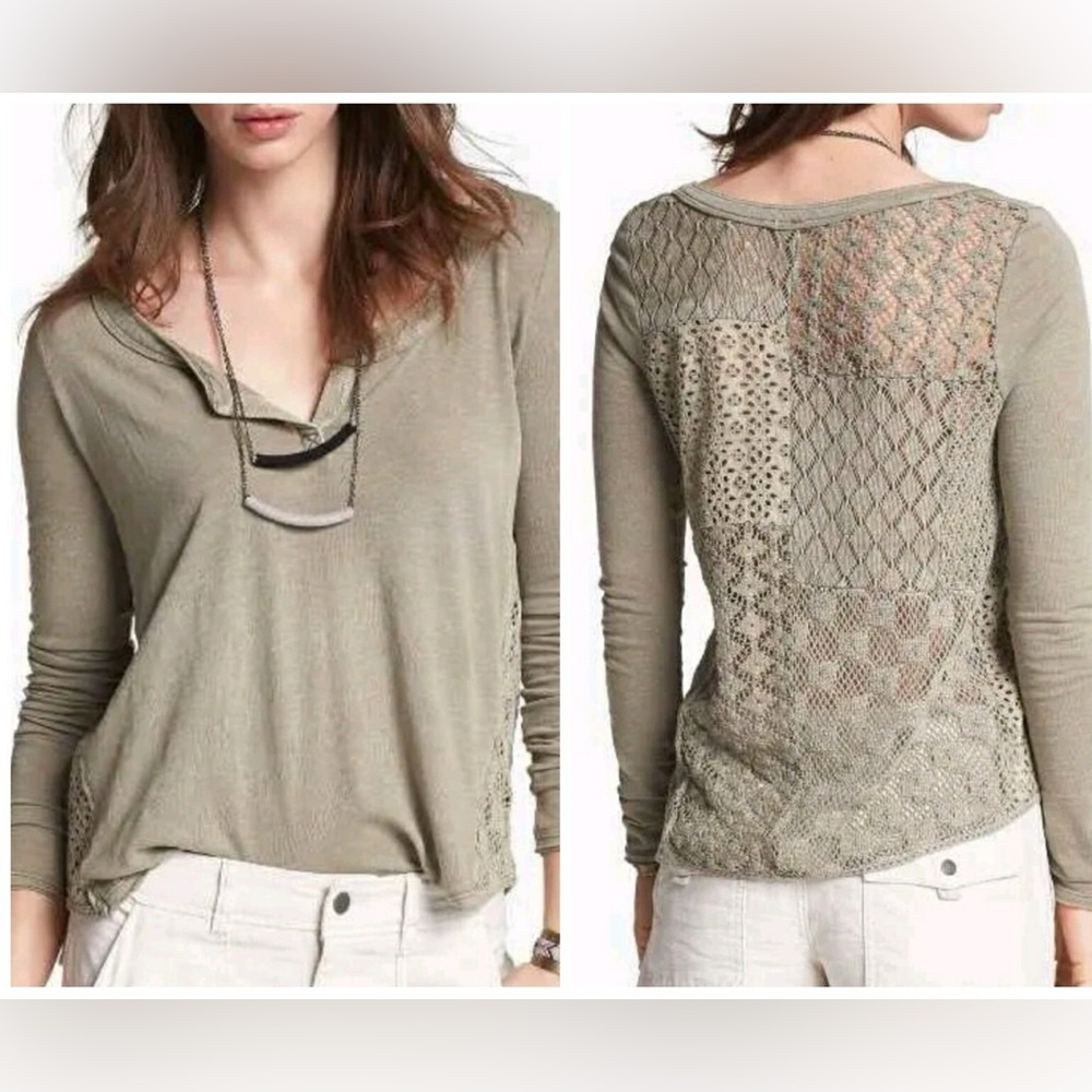 Free People v neck crochet olive green henley